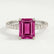Macy shoulder-set engagement ring with an emerald-cut pink lab-grown sapphire centre stone, front view.