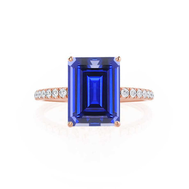 MACY - Chatham® Emerald Blue Sapphire 18k Rose Gold Petite Pavé Shoulder Set Ring