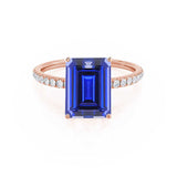 MACY - Chatham® Emerald Blue Sapphire 18k Rose Gold Petite Pavé Shoulder Set Ring