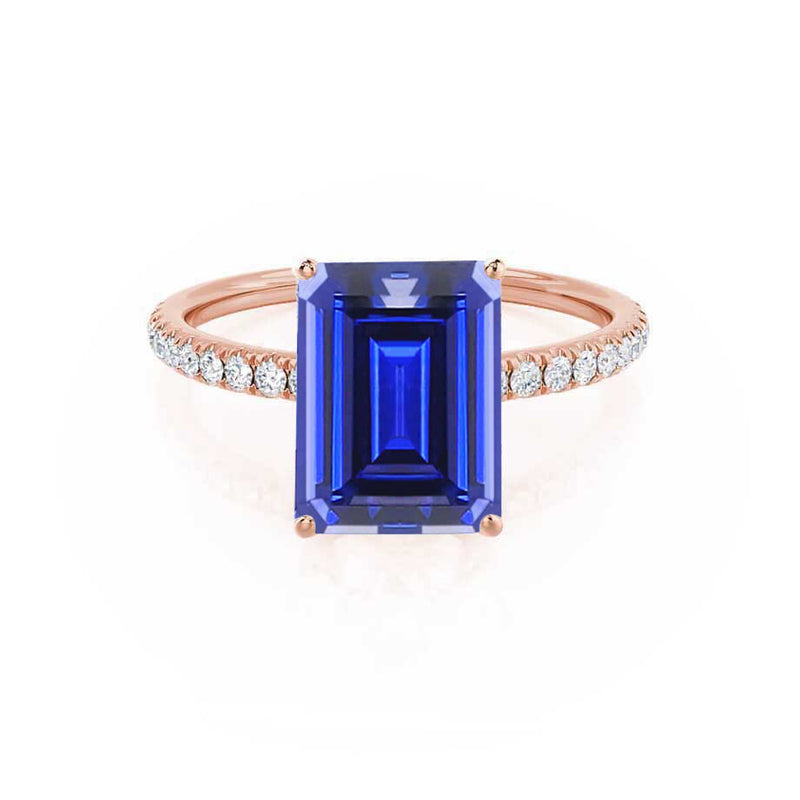 MACY - Chatham® Emerald Blue Sapphire 18k Rose Gold Petite Pavé Shoulder Set Ring