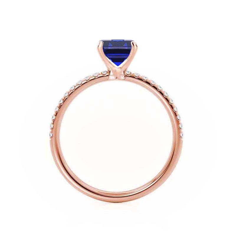 MACY - Chatham® Emerald Blue Sapphire 18k Rose Gold Petite Pavé Shoulder Set Ring