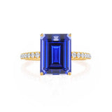 MACY - Chatham® Emerald Blue Sapphire 18k Yellow Gold Petite Pavé Shoulder Set Ring