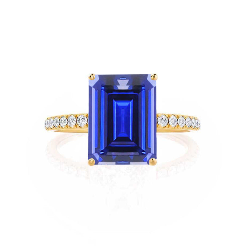MACY - Chatham® Emerald Blue Sapphire 18k Yellow Gold Petite Pavé Shoulder Set Ring