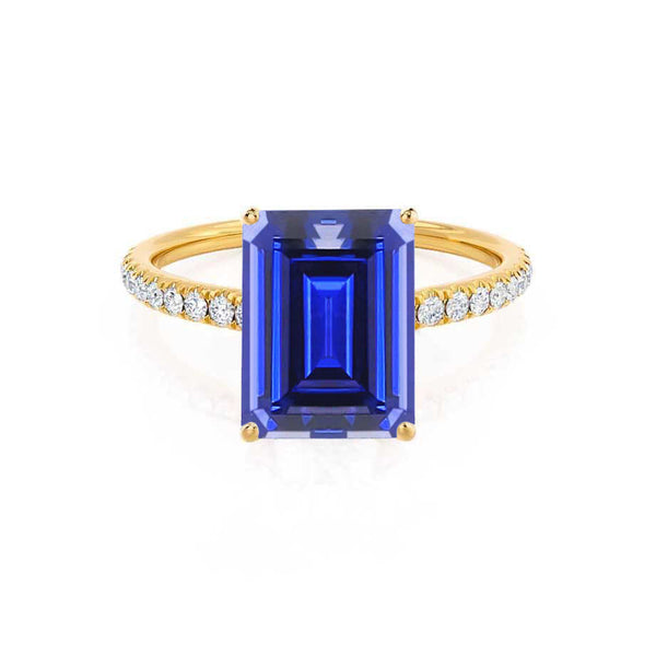 MACY - Chatham® Emerald Blue Sapphire 18k Yellow Gold Petite Pavé Shoulder Set Ring