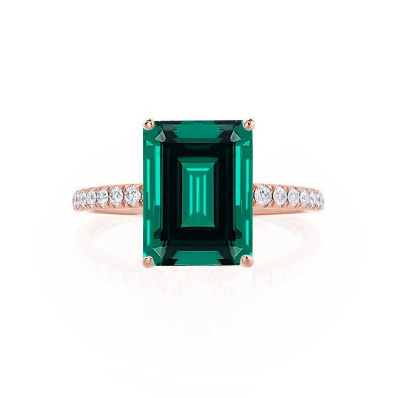 MACY - Chatham® Green Emerald 18k Rose Gold Petite Pavé Shoulder Set Ring
