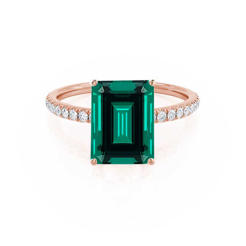 MACY - Chatham® Green Emerald 18k Rose Gold Petite Pavé Shoulder Set Ring
