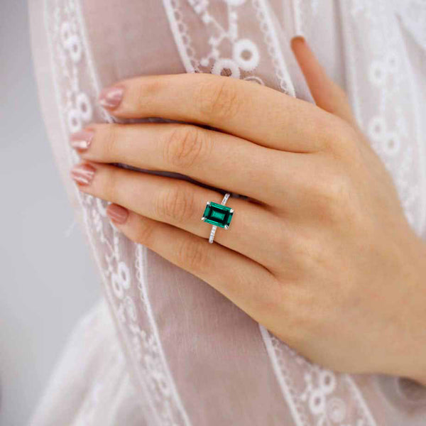 MACY - Chatham® Green Emerald 18k White Gold Petite Pavé Shoulder Set Ring