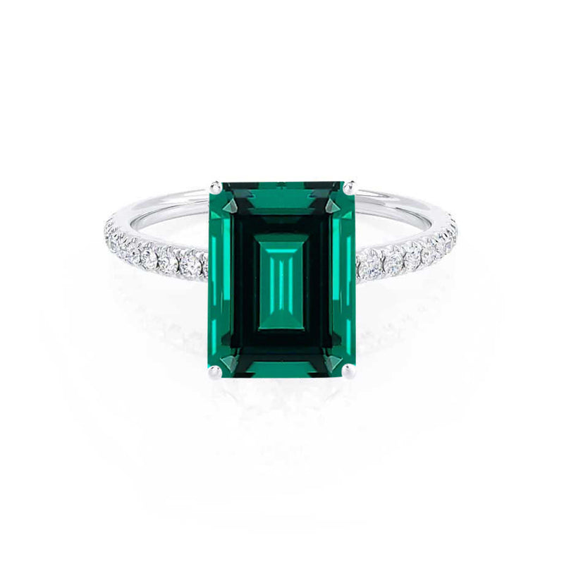MACY - Chatham® Green Emerald 18k White Gold Petite Pavé Shoulder Set Ring