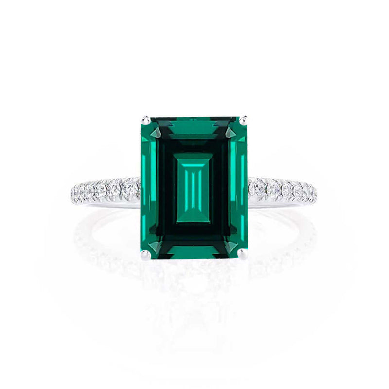 MACY - Chatham® Green Emerald 18k White Gold Petite Pavé Shoulder Set Ring