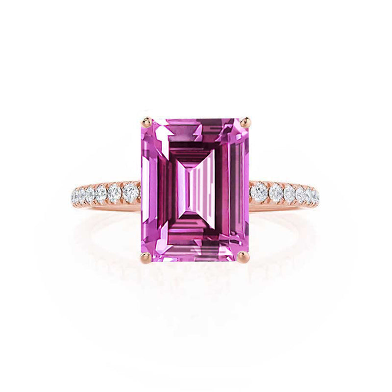 MACY - Chatham® Emerald Pink Sapphire 18k Rose Gold Petite Pavé Shoulder Set Ring
