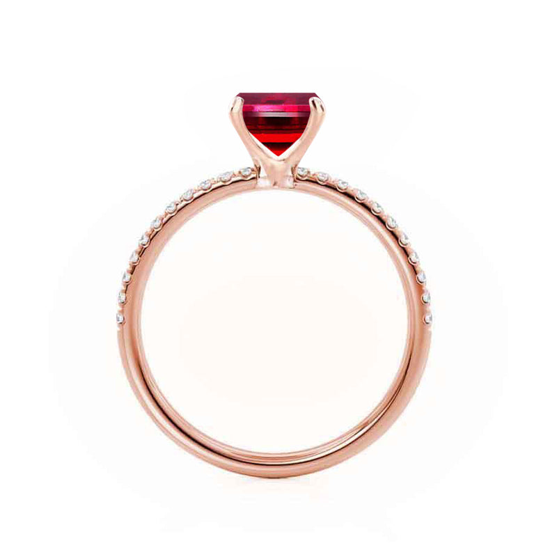 MACY - Chatham® Emerald Ruby 18k Rose Gold Petite Pavé Shoulder Set Ring