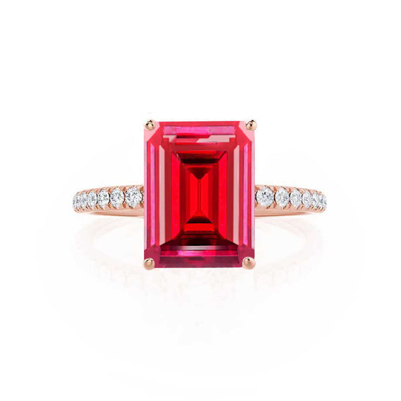 MACY - Chatham® Emerald Ruby 18k Rose Gold Petite Pavé Shoulder Set Ring