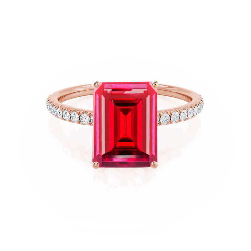 MACY - Chatham® Emerald Ruby 18k Rose Gold Petite Pavé Shoulder Set Ring