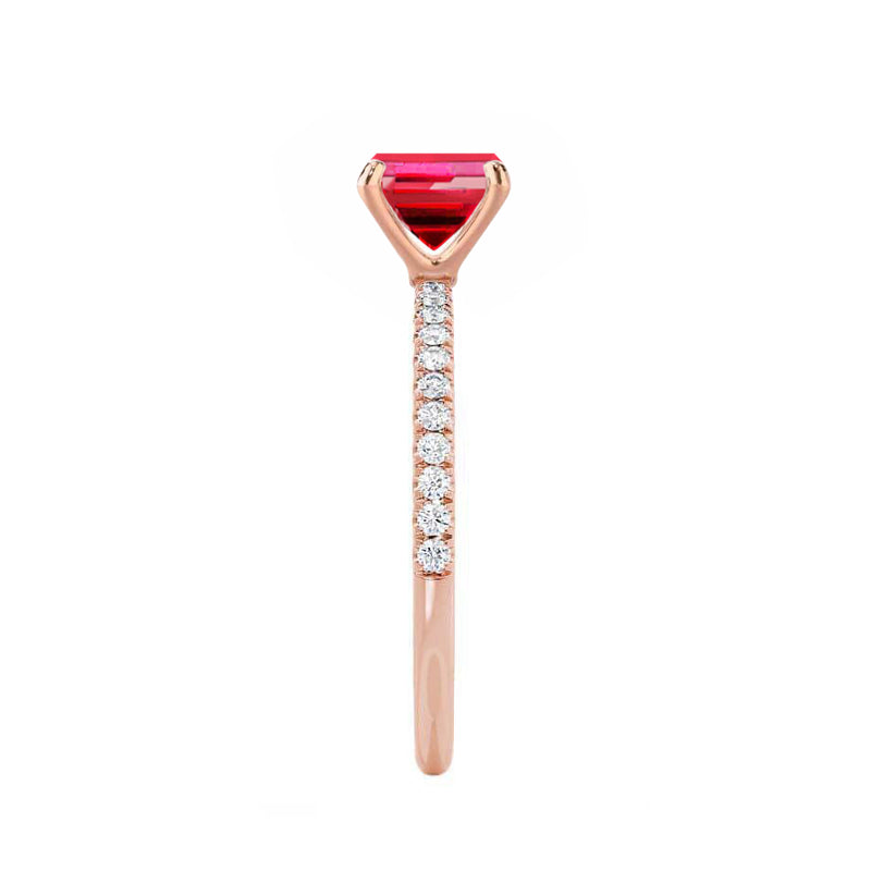 MACY - Chatham® Emerald Ruby 18k Rose Gold Petite Pavé Shoulder Set Ring