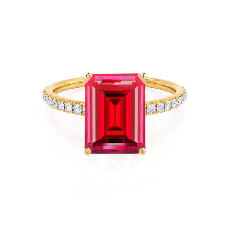MACY - Chatham® Emerald Ruby 18k Yellow Gold Petite Pavé Shoulder Set Ring