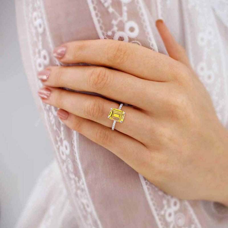 MACY - Chatham® Emerald Yellow Sapphire 950 Platinum Petite Pavé Shoulder Set Ring