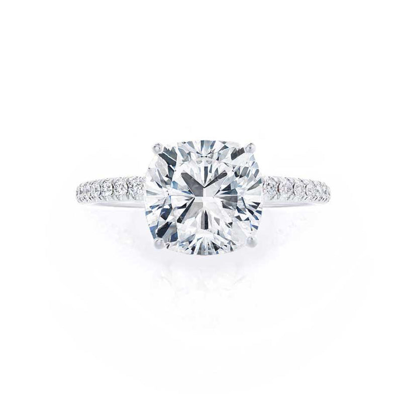 MACY - Cushion Natural Diamond 18k White Gold Petite Shoulder Set Engagement Ring Lily Arkwright