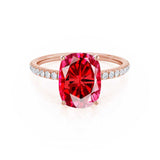 MACY - Chatham® Elongated Cushion Ruby 18k Rose Gold Petite Pavé Shoulder Set Ring