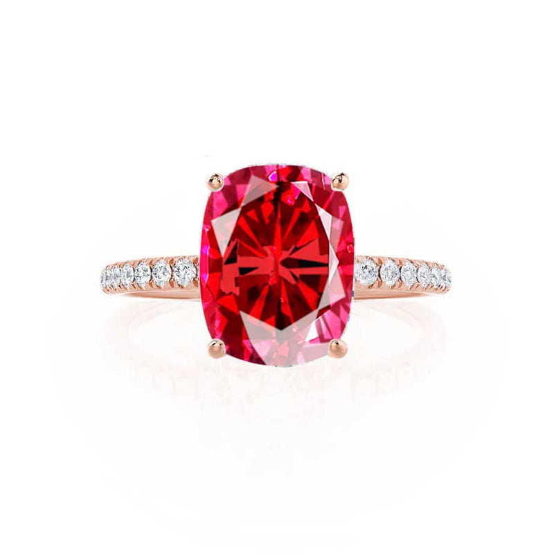 MACY - Chatham® Elongated Cushion Ruby 18k Rose Gold Petite Pavé Shoulder Set Ring