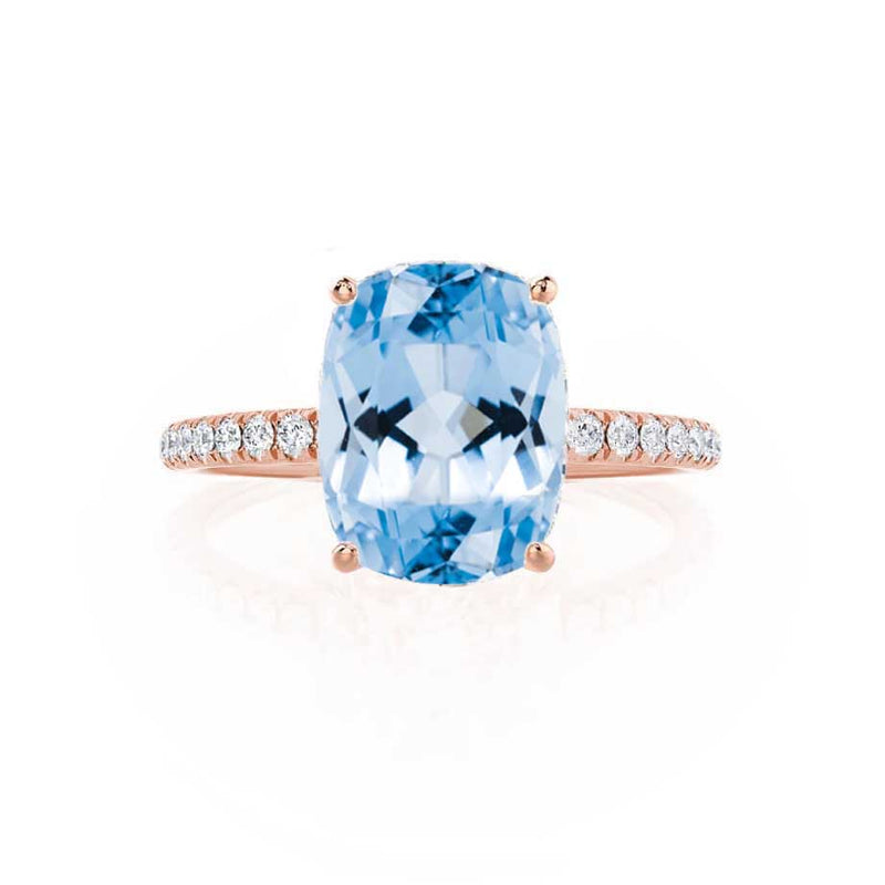 MACY - Chatham® Elongated Cushion Aqua Spinel 18k Rose Gold Petite Pavé Shoulder Set Ring