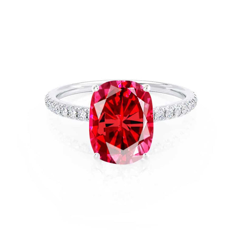 MACY - Chatham® Elongated Cushion Ruby 18k White Gold Petite Pavé Shoulder Set Ring