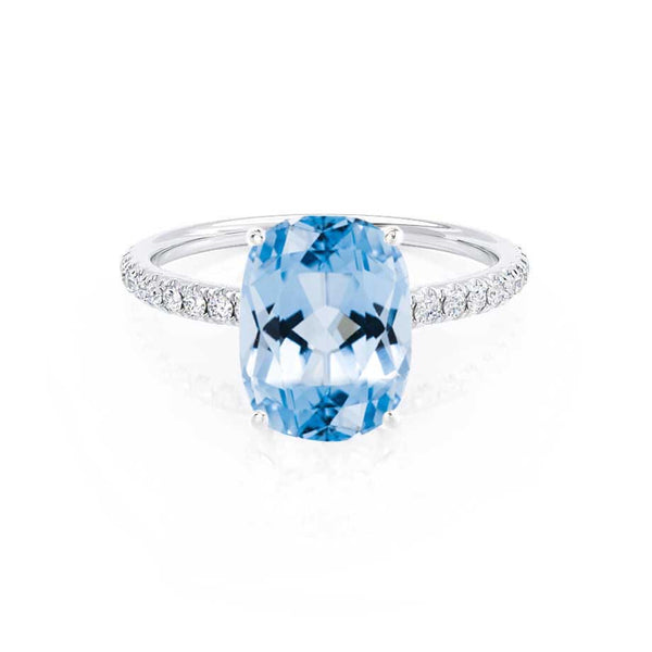 MACY - Chatham® Elongated Cushion Aqua Spinel 18k White Gold Petite Pavé Shoulder Set Ring