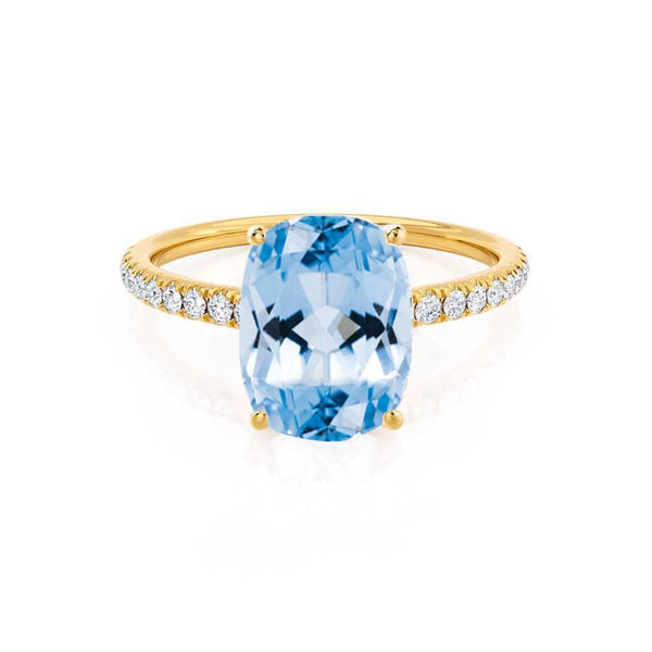 MACY - Chatham® Elongated Cushion Aqua Spinel 18k Yellow Gold Petite Pavé Shoulder Set Ring