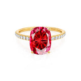 MACY - Chatham® Elongated Cushion Ruby 18k Yellow Gold Petite Pavé Shoulder Set Ring