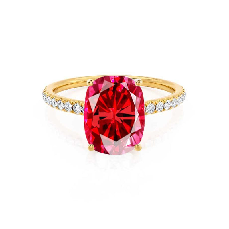 MACY - Chatham® Elongated Cushion Ruby 18k Yellow Gold Petite Pavé Shoulder Set Ring