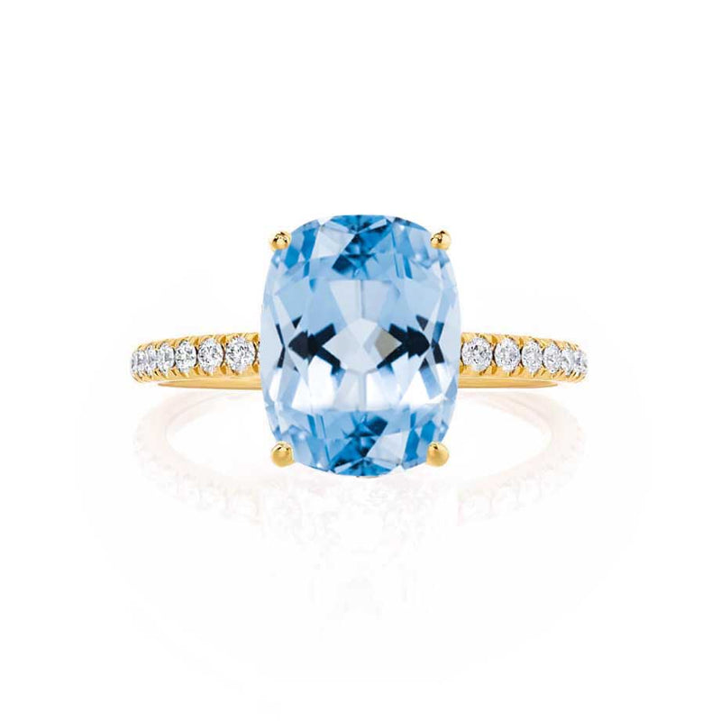 MACY - Chatham® Elongated Cushion Aqua Spinel 18k Yellow Gold Petite Pavé Shoulder Set Ring