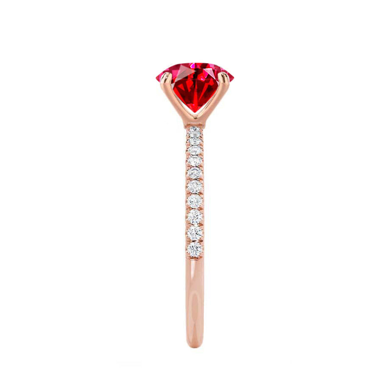 MACY - Chatham® Elongated Cushion Ruby 18k Rose Gold Petite Pavé Shoulder Set Ring