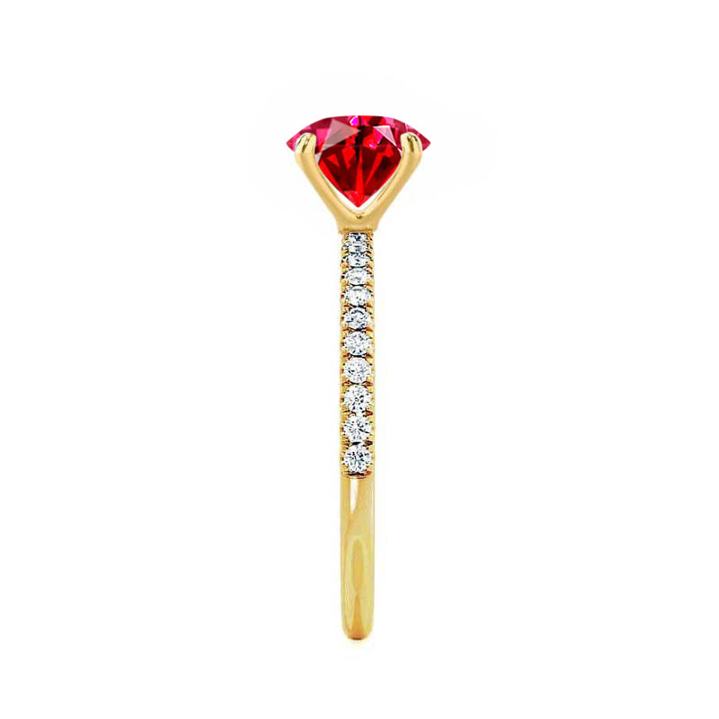 MACY - Chatham® Elongated Cushion Ruby 18k Yellow Gold Petite Pavé Shoulder Set Ring