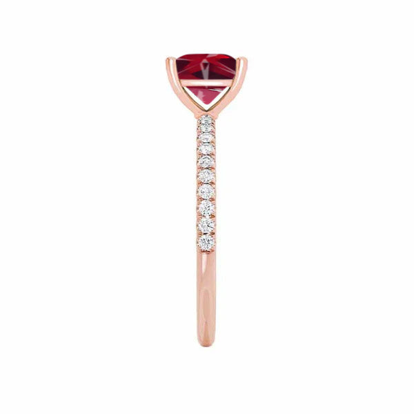 MACY - Chatham® Princess Ruby 18k Rose Gold Petite Pavé Shoulder Set Ring