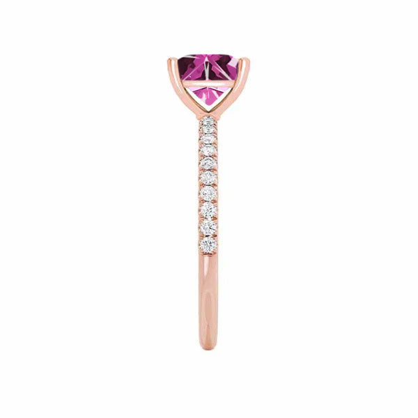 MACY - Chatham® Princess Pink Sapphire 18k Rose Gold Petite Pavé Shoulder Set Ring
