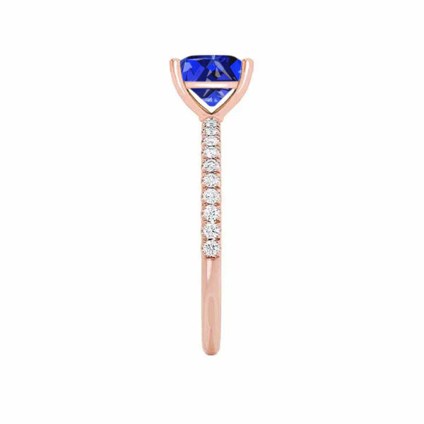 MACY - Chatham® Princess Blue Sapphire 18k Rose Gold Petite Pavé Shoulder Set Ring