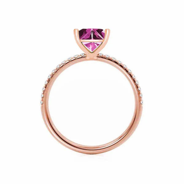 MACY - Chatham® Princess Pink Sapphire 18k Rose Gold Petite Pavé Shoulder Set Ring