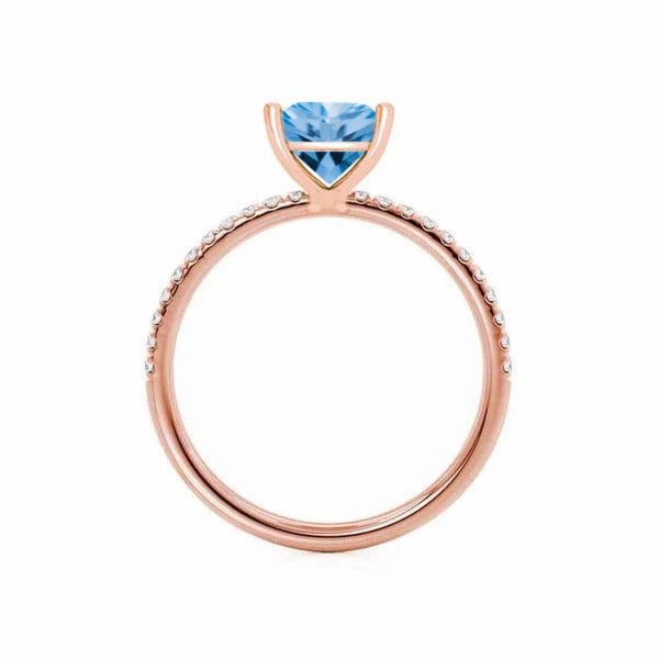 MACY - Chatham® Princess Aqua Spinel 18k Rose Gold Petite Pavé Shoulder Set Ring