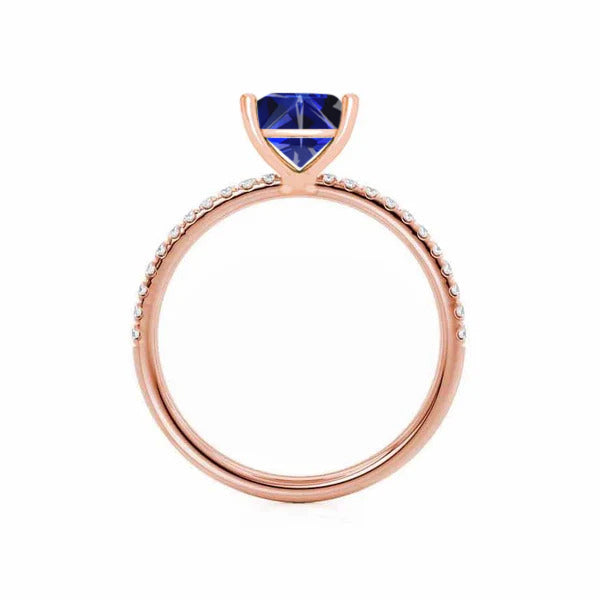 MACY - Chatham® Princess Blue Sapphire 18k Rose Gold Petite Pavé Shoulder Set Ring