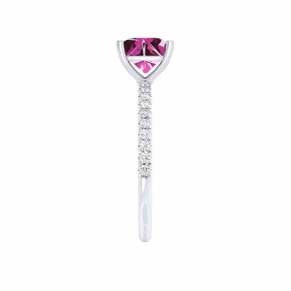 MACY - Chatham® Princess Pink Sapphire 950 Platinum Petite Pavé Shoulder Set Ring