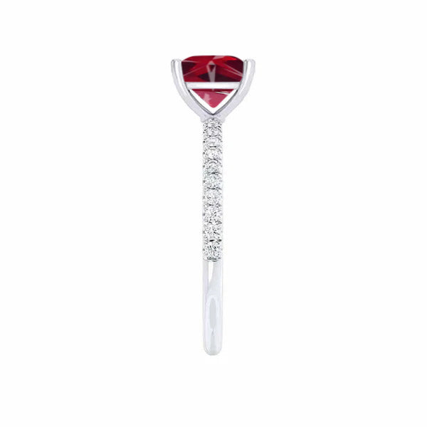 MACY - Chatham® Princess Ruby 18k White Gold Petite Pavé Shoulder Set Ring