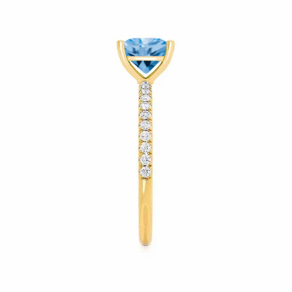 MACY - Chatham® Princess Aqua Spinel 18k Yellow Gold Petite Pavé Shoulder Set Ring