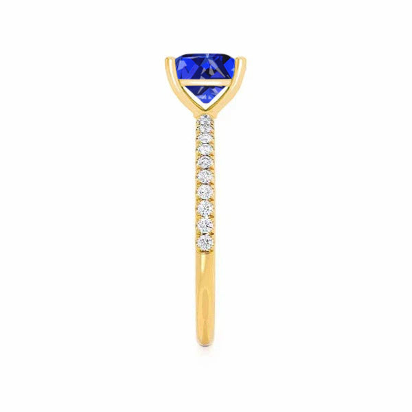 MACY - Chatham® Princess Blue Sapphire 18k Yellow Gold Petite Pavé Shoulder Set Ring