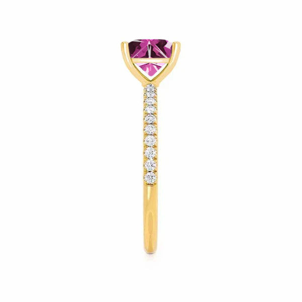 MACY - Chatham® Princess Pink Sapphire 18k Yellow Gold Petite Pavé Shoulder Set Ring