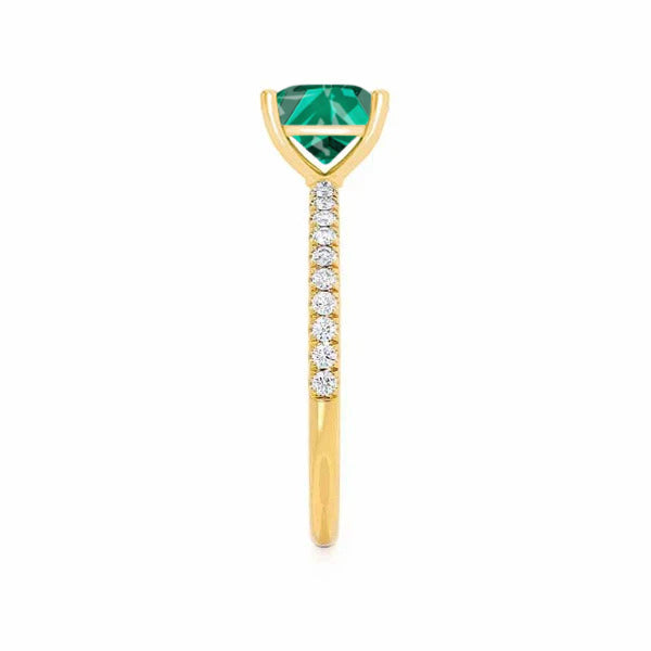MACY - Chatham® Princess Emerald 18k Yellow Gold Petite Pavé Shoulder Set Ring