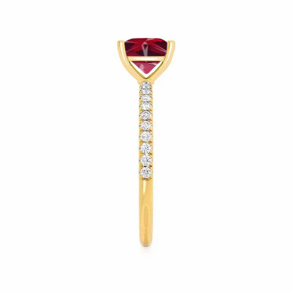 MACY - Chatham® Princess Ruby 18k Yellow Gold Petite Pavé Shoulder Set Ring