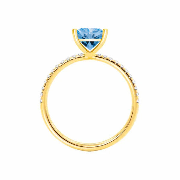 MACY - Chatham® Princess Aqua Spinel 18k Yellow Gold Petite Pavé Shoulder Set Ring