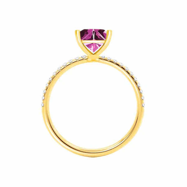 MACY - Chatham® Princess Pink Sapphire 18k Yellow Gold Petite Pavé Shoulder Set Ring