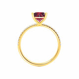 MACY - Chatham® Princess Ruby 18k Yellow Gold Petite Pavé Shoulder Set Ring