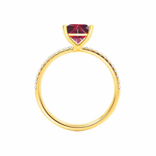 MACY - Chatham® Princess Ruby 18k Yellow Gold Petite Pavé Shoulder Set Ring