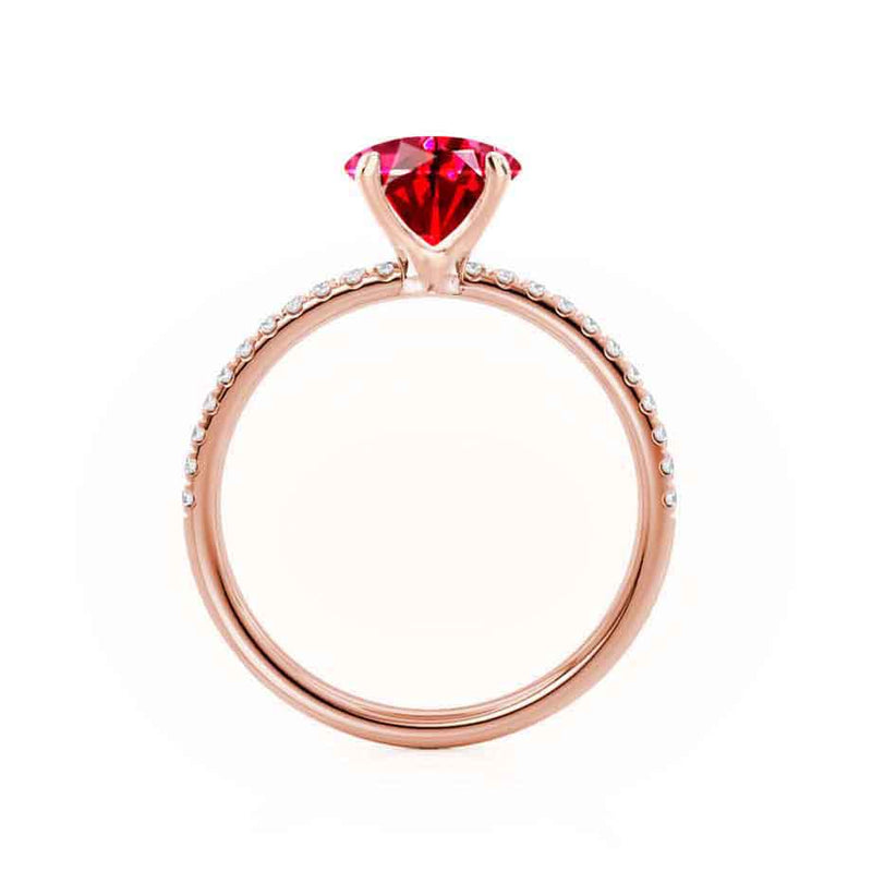 MACY - Chatham® Elongated Cushion Ruby 18k Rose Gold Petite Pavé Shoulder Set Ring